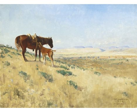 EUGEN BRACHT Morges 1842 - 1921 Darmstadt: „Stute und Fohlen“. Oel auf Leinwand 1891. Vgl. Eugen Bracht (1842-1921). Landscha