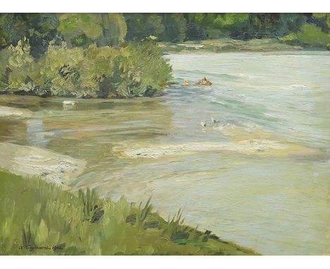 ANTON ENGELHARD Frankfurt/M. 1872 - 1936 Karlsruhe: An der Isar. Oel auf Leinwand, auf Karton aufgezogen, 1902. Signiert und 