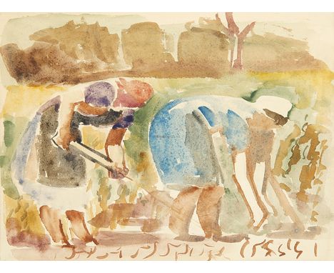 ADOLF RIEDLIN Laufen/Baden 1892 - 1969 Freiburg/Brsg.: Zwei Kartoffelleserinnen. Aquarell um 1940. Verso mit weiterem, nicht 