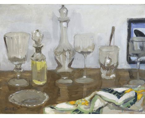 WILHELM SCHNARRENBERGER Buchen/Odenwald 1892 - 1966 Karlsruhe: „Stilleben III“ (Sechs Gläser auf bunter Decke). Oel auf Leinw
