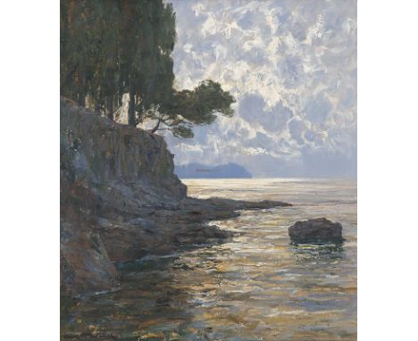 ALBERT WENK Bühl/Baden 1863 - 1934 München: Felsige Rivieraküste bei Nervi. Oel auf Leinwand.  Signiert. Verso auf der Rückwa
