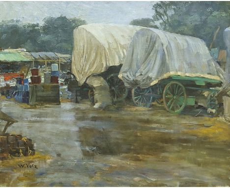 WILHELM VOLZ Karlsruhe 1855 - 1901 München: Zwei Planwagen beim „Geschirrmarkt“. Oel auf Leinwand. Signiert sowie auf dem Spa