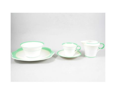 A Shelley bone china part tea service, Regent shape, with graduated green banding, comprising six trios, a milk jug, sugar ba