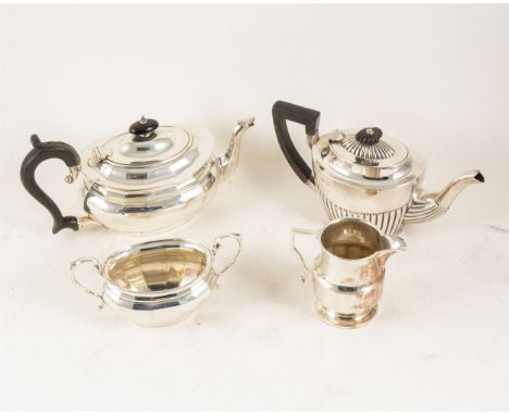Amended: Matched three piece silver teaset, the teapot and sugar bowl H Matthews, Birmingham 1928, the jug by William Neale 1