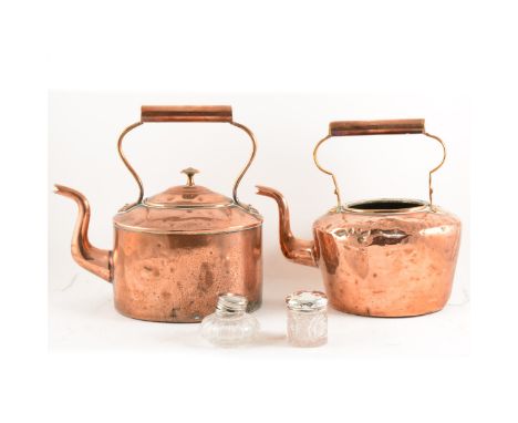 Brass mounted copper log bin, lion mask handles, width 50cm; two copper kettles; steel fire irons; oak mantel clock; other me