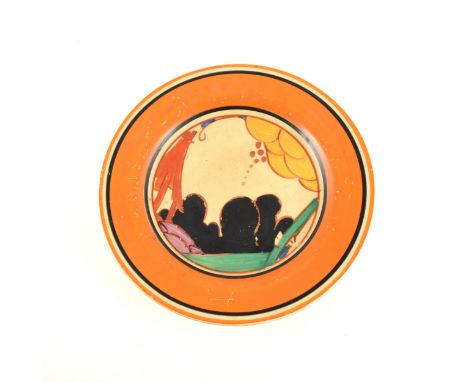 A Clarice Cliff side plate with orange border, 'Summerhouse' design, Fantasque backstamp, 17.5cm diameter.