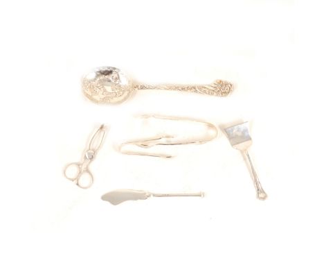 Victorian silver serving spoon, bright-cut and engraved Martin Hall &amp; Co., Sheffield 1894; silver bread fork; small silve