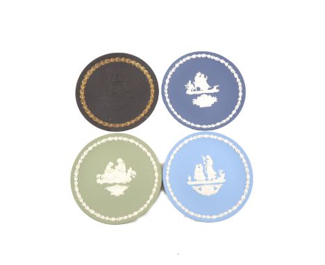 Wedgwood blue jasperware circular stand, diameter 19cm; a collection of Wedgewood jasperware plates, including Mother's Day p