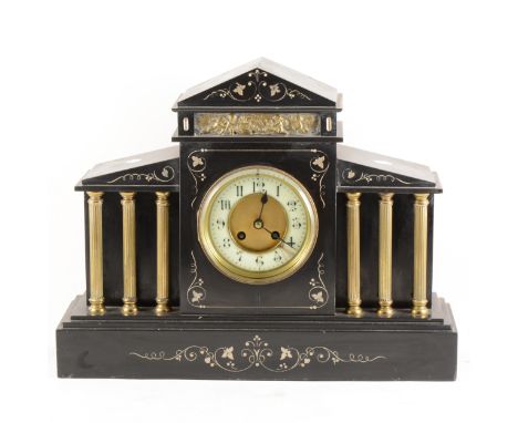 French black marble mantel clock, architectural case, with a cast a frieze and fluted columns, ivorine chapter-ring, cylinder