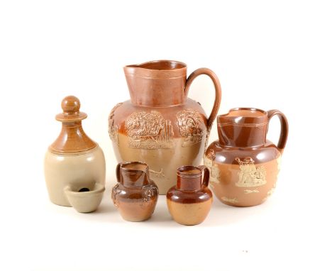 Doulton and other stoneware pottery, a Fulham Pottery 22cm salt glazed harvest jug, three Doulton harvest jugs 16cm,14.5cm an