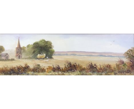 K Hammond, a pair of oil on board landscapes, farmland and lane, one depicting a church with steeple and haycart, 15cm x 36cm