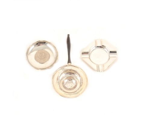Silver strainer, William Hutton &amp; Sons, Birmingham 1919, turned wood handle, length 19 cm; silver dish, inset with a Chur