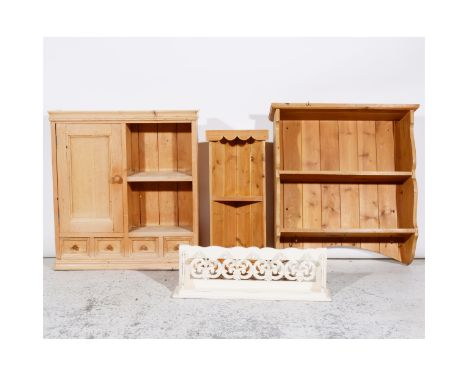 Reclaimed pine wall cabinet, with a single panelled door, open shelves and four spice drawers, width 66cm, height 71cm; set o