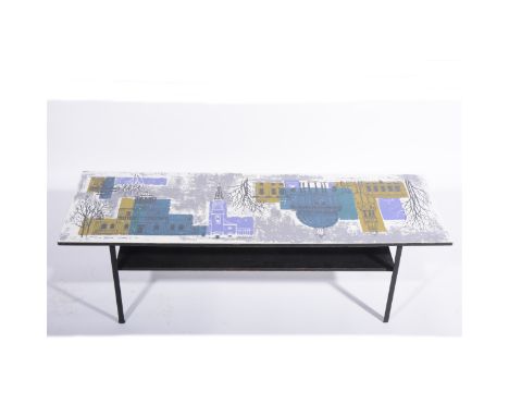 A coffee table with formica top with London Skyline design by John Piper, produced by Myer for Conran, black lacquered metal 