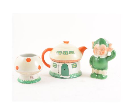 A Shelley ' Boo Boo ' three-piece teaset, designed by Mabel Lucie Attwell, including Pixie house teapot, 15cm, a toadstool su
