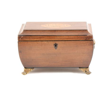 George III inlaid mahogany tea caddy, sarcophagus shape, with brass mounts, the lid inlaid with Prince of Wales feathers, two