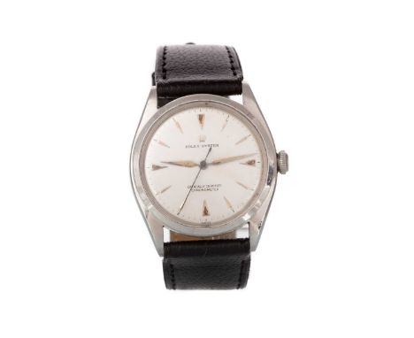 ROLEX OYSTER  STAINLESS STEEL MANUAL WIND WRIST WATCH, the round dial with wedge hour markers, 33mm case, on a black calf gra