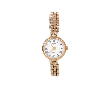 ROTARY NINE CARAT GOLD QUARTZ WRIST WATCH, the round dial with Roman hour markers, 17mm case, on a nine carat gold bracelet, 