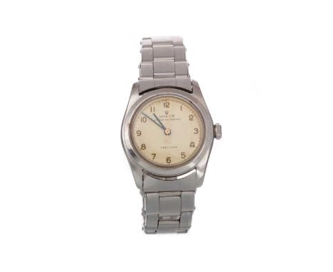 ROLEX OYSTER SPEEDKING STAINLESS STEEL MANUAL WIND WRIST WATCH, the round dial with Arabic hour markers, 29mm case, on a stai