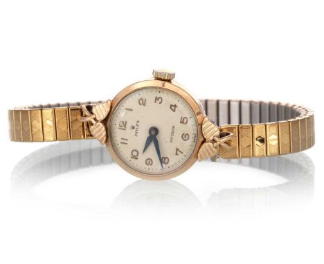 ROLEX PRECISION  NINE CARAT GOLD MANUAL WIND WRIST WATCH, the round dial with Arabic hour markers, 19mm case, on a later gold