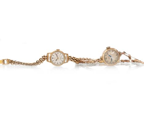 NINE CARAT GOLD CASED WRIST WATCH, on a nine carat gold expanding bracelet, along with a gold plated Rotary example on a nine