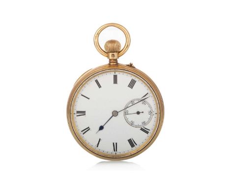 EIGHTEEN CARAT GOLD POCKET WATCH,  the round enamel dial with Roman hour markers, outer railroad seconds track and subsidiary