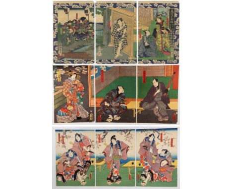 Set of 3 prints:   Artist: Kuniteru II Utagawa (1830-1874) / Toyokuni III Utagawa (1786-1864) / Toyokuni III Utagawa (1786-18