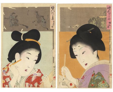 Set of 2 prints:   Artist: Chikanobu Yoshu (1838-1912)   Title: Portrait of a Woman Writing a Poem in Jokyo Era (1684-1688) a