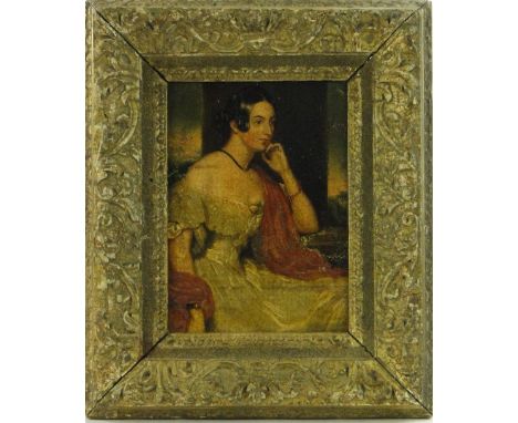 19th century oil on board, portrait of a seated woman, unsigned, 7" x 5.5", framed.