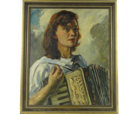 Leonard Fuller (1891-1973)
oil on canvas, portrait of a young woman with an accordion, signed, 24" x 20", framed.