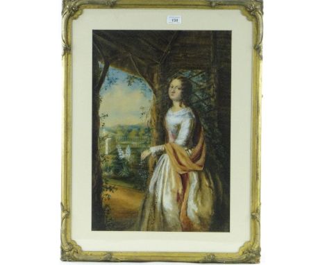English School
19th century watercolour, portrait of a young woman in flower gardens, unsigned, 21" x 14", framed.