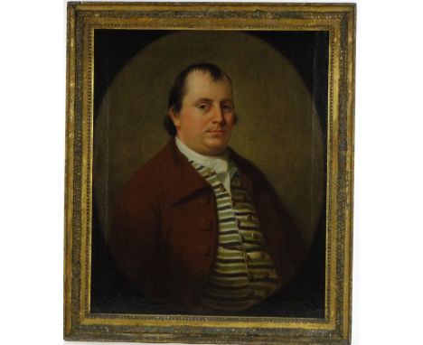 English School
18/19th century oil on canvas, half length portrait of a gentleman wearing a striped waistcoat, unsigned, 28.5