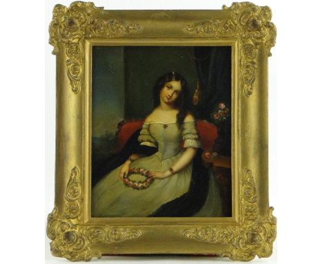 19th century oil on metal, portrait of a girl holding a garland of flowers, unsigned, 7.5" x 6.25", framed.