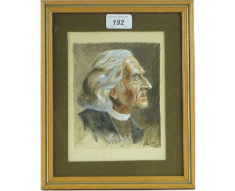 E Rudolph,
watercolour, portrait of Franz Liszt, signed, 7" x 6", framed.
