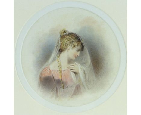 19th century circular watercolour, portrait of a young woman, unsigned, 6" across, framed.