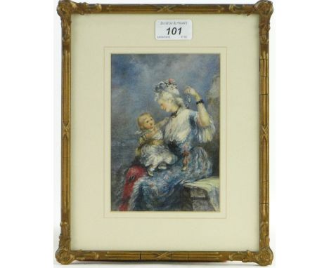 19th century watercolour, portrait of a woman and child, unsigned, 6.5" x 4.5", framed.
