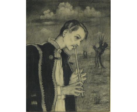 Masa Feszty (Hungarian, 1895-1979)
charcoal on paper, shepherd playing a recorder, signed, 17" x 13", framed.