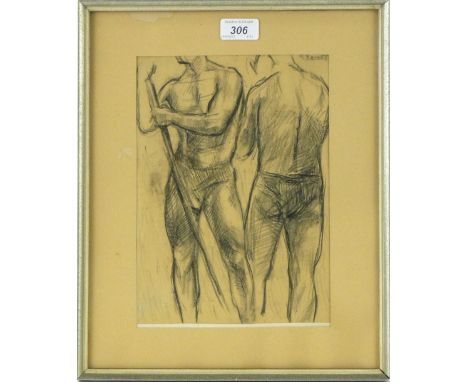 R Bonnet,
charcoal sketch, male figures, signed, 10.5" x 7.5", framed.