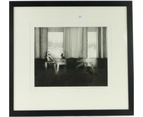 Martin Ware,
etching, figures in a room with curtain, signed in pencil, dated '70, no. 7/8, p 14" x 17.5", framed.