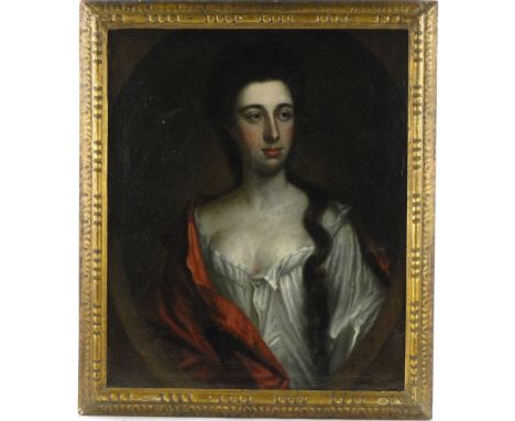 After Michael Dahl,
18th century oil on canvas, half length portrait of a woman, 29" x 24", framed.