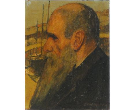 Oil on canvas, portrait of a man in a fishing harbour, indistinctly signed, 18" x 14", unframed.