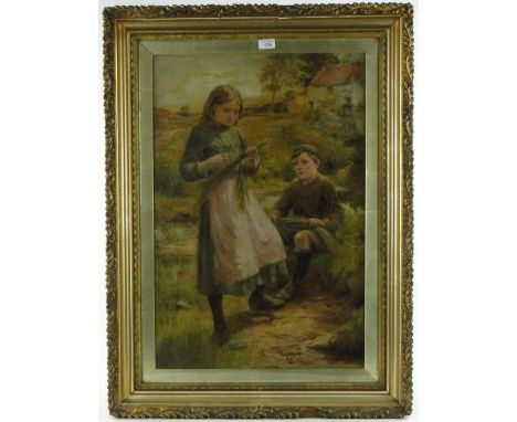 19/20th century oil on canvas, portrait of two country children, signed with indistinct monogram, 30" x 20", framed.