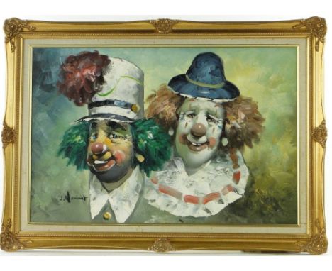 W Moninet,
oil on canvas, portrait of a 2 clowns, signed, 20" x 30", framed.