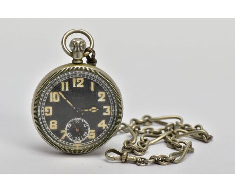 A WHITE METAL MILITARY OPEN FACE POCKET WATCH, round black dial signed 'Cyma', worn luminescent Arabic numerals, seconds subs
