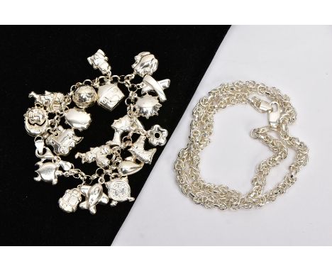 A SILVER CHARM BRACELET AND A NECKLACE, the charm bracelet suspending nineteen hollow white metal charms in forms such as an 