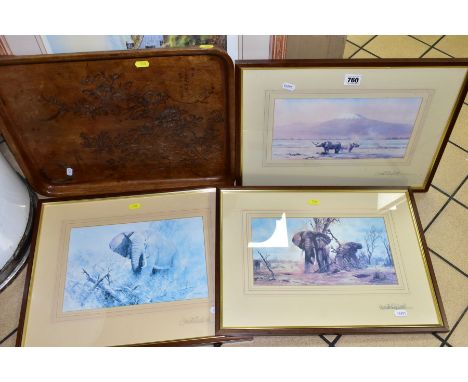 FOUR FRAMED PRINTS comprising three David Shepherd prints with pencil signatures to the mounts and signed inscription verso, 