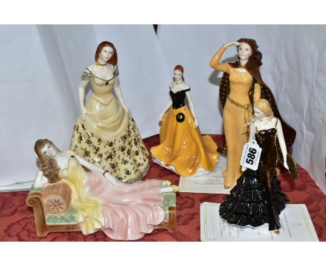 FIVE ROYAL WORCESTER FIGURES, comprising two limited edition sculptured by Neil Welch 'Maura' No. 27/15000 (fan restored), an