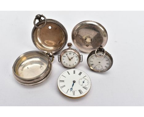 TWO SILVER POCKET WATCHES AND TWO OTHERS, to include a silver open face pocket watch, plain polished design, worn vacant cart