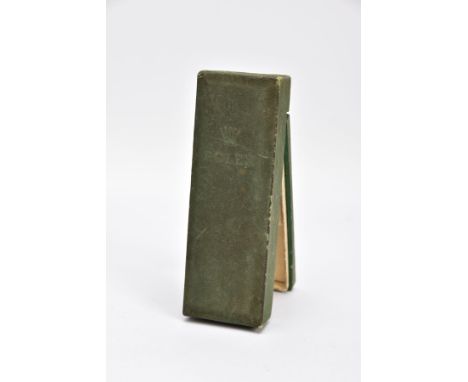 A VINTAGE 'ROLEX' WRISTWATCH CASE, rectangular form, worn green fabric to the outer (condition:- wear all over and slight dam