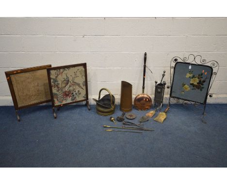 A COLLECTION OF METALWARE to include a wrought iron mirrored fire screen (Sd)  metal companion set, brass coal bucket, coal s